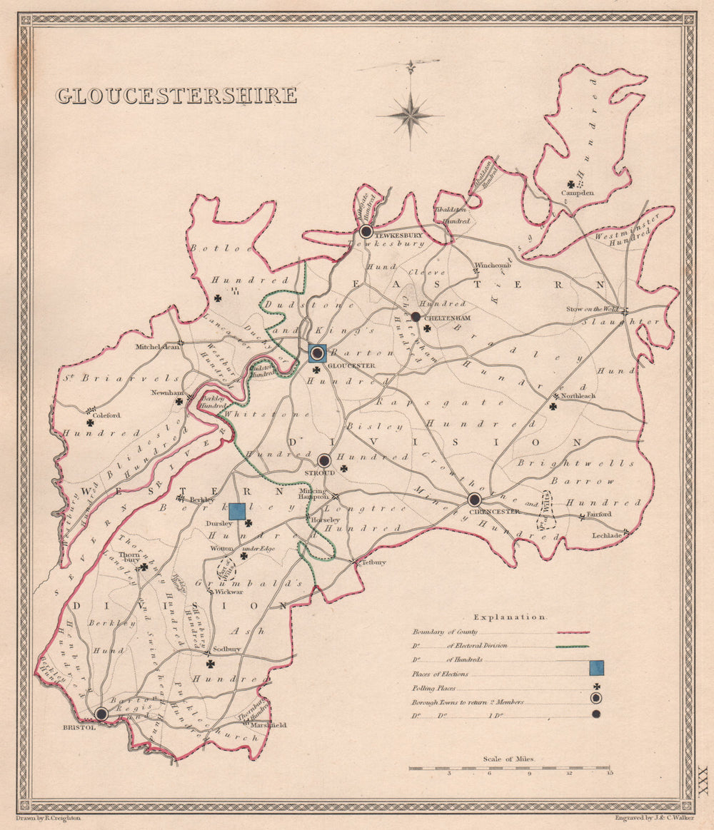 GLOUCESTERSHIRE antique county map by CREIGHTON/WALKER. Electoral 1835 old