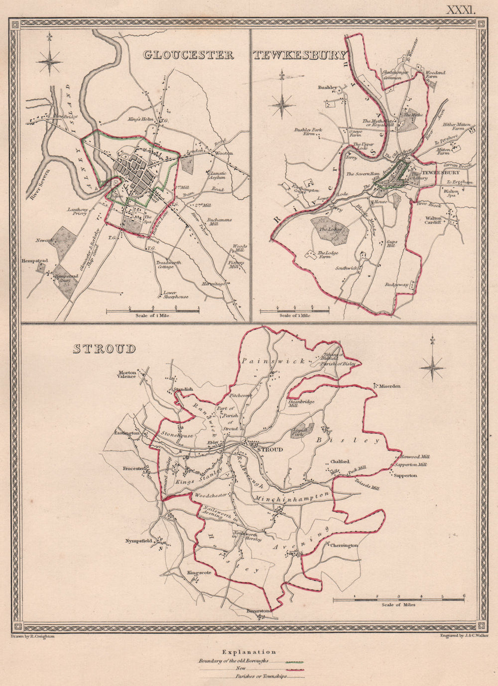 GLOUCESTERSHIRE TOWNS. Gloucester Tewkesbury Stroud. CREIGHTON/WALKER 1835 map