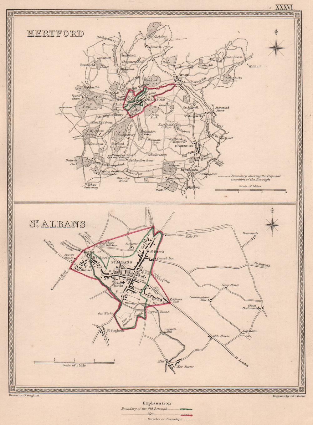 HERTFORDSHIRE TOWNS. Hertford St Albans borough plans.CREIGHTON/WALKER 1835 map