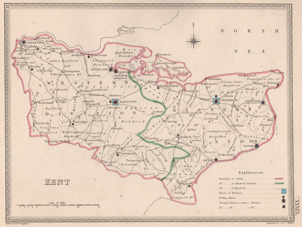 KENT antique county map by CREIGHTON/WALKER. Electoral 1835 old