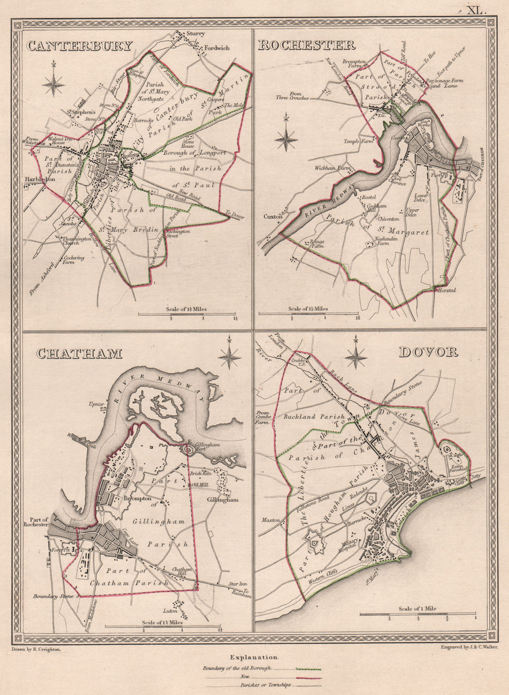 KENT TOWNS. Canterbury Rochester Chatham Dover plans. CREIGHTON/WALKER 1835 map