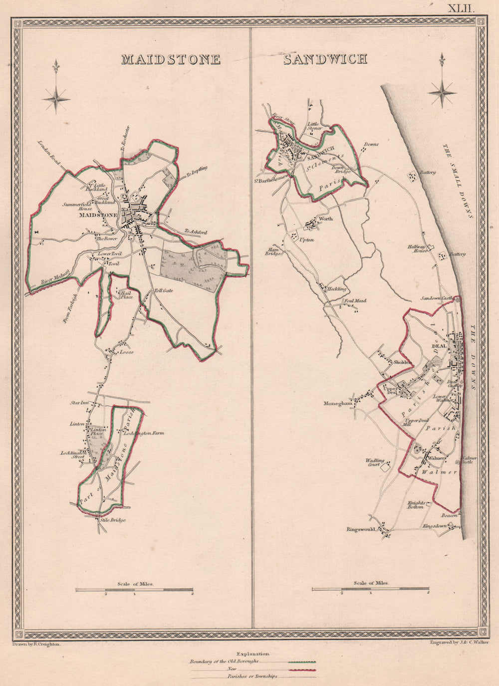 KENT TOWNS. Maidstone Sandwich Deal borough plans. CREIGHTON/WALKER 1835 map