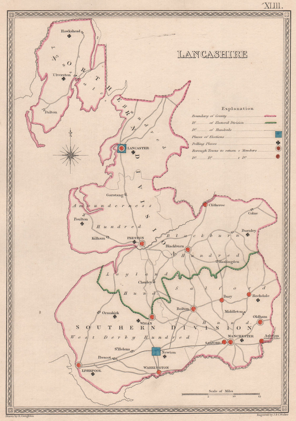 LANCASHIRE antique county map by CREIGHTON/WALKER. Electoral 1835 old