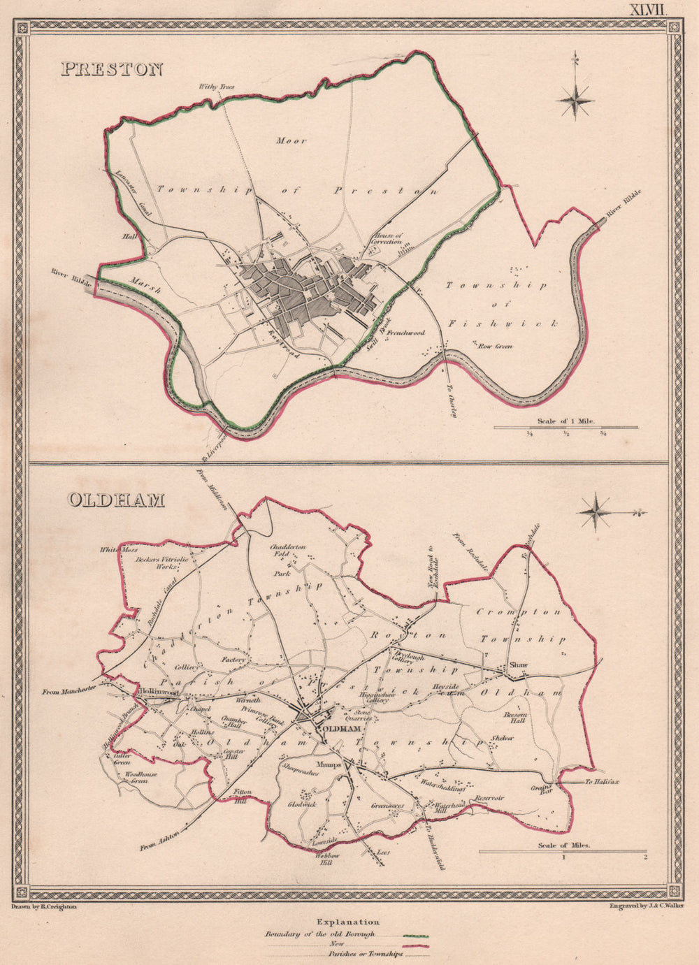 LANCASHIRE TOWNS. Preston Oldham borough plans. CREIGHTON/WALKER 1835 map