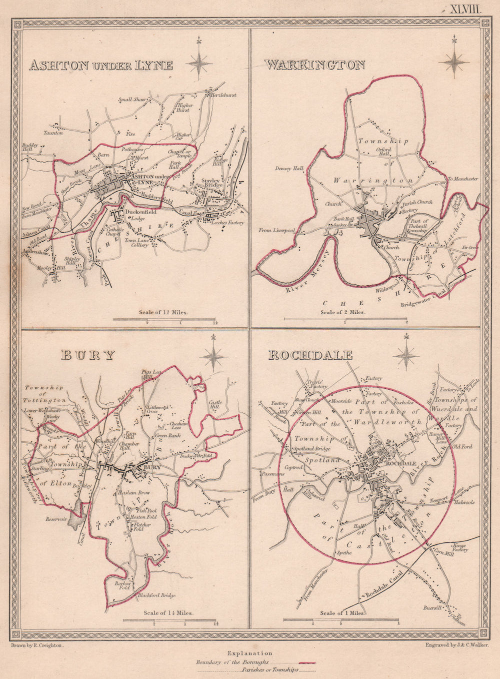 LANCASHIRE TOWNS. Ashton-under-Lyne Warrington Bury Rochdale.CREIGHTON 1835 map