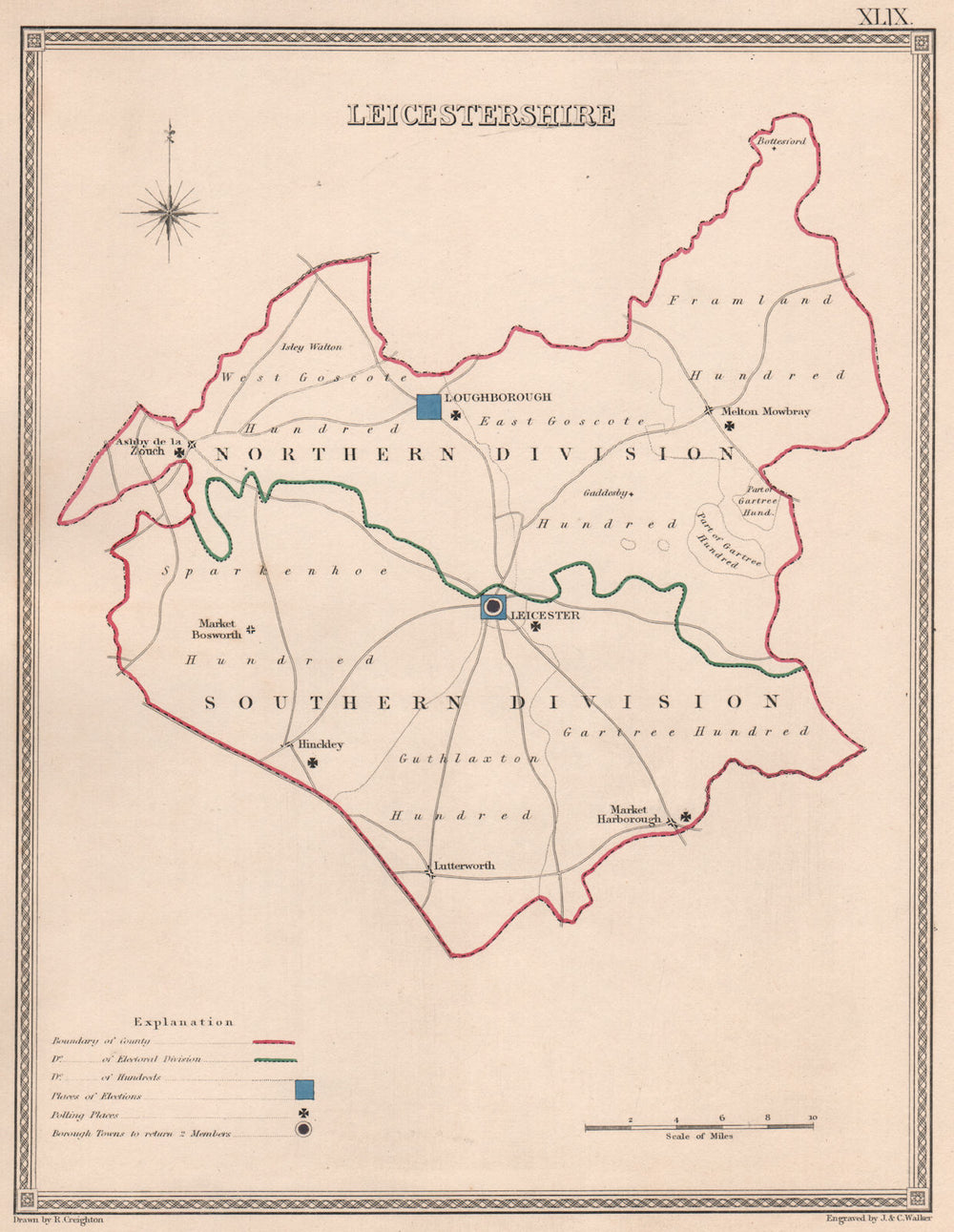 LEICESTERSHIRE antique county map by CREIGHTON/WALKER. Electoral 1835 old