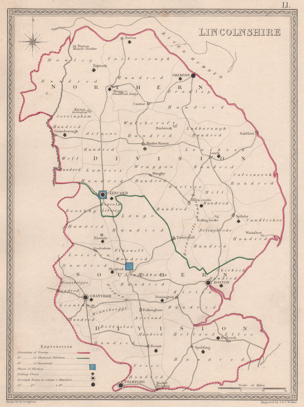 LINCOLNSHIRE antique county map by CREIGHTON/WALKER. Electoral 1835 old