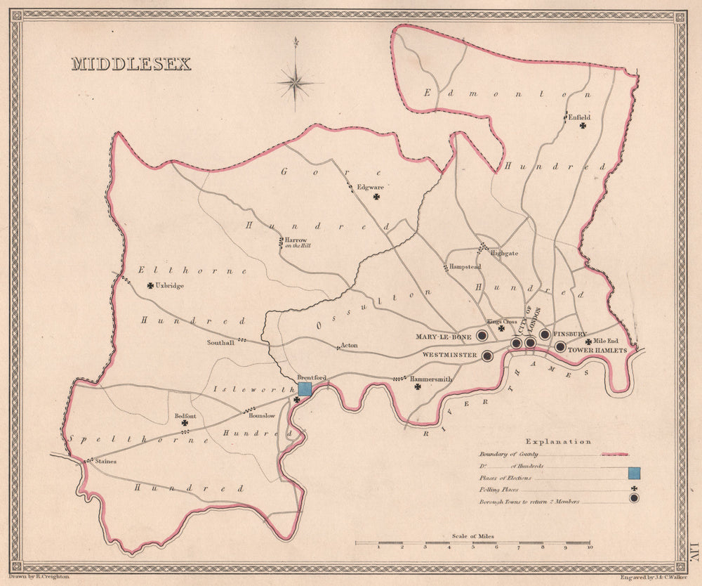MIDDLESEX antique county map by CREIGHTON/WALKER. Electoral 1835 old