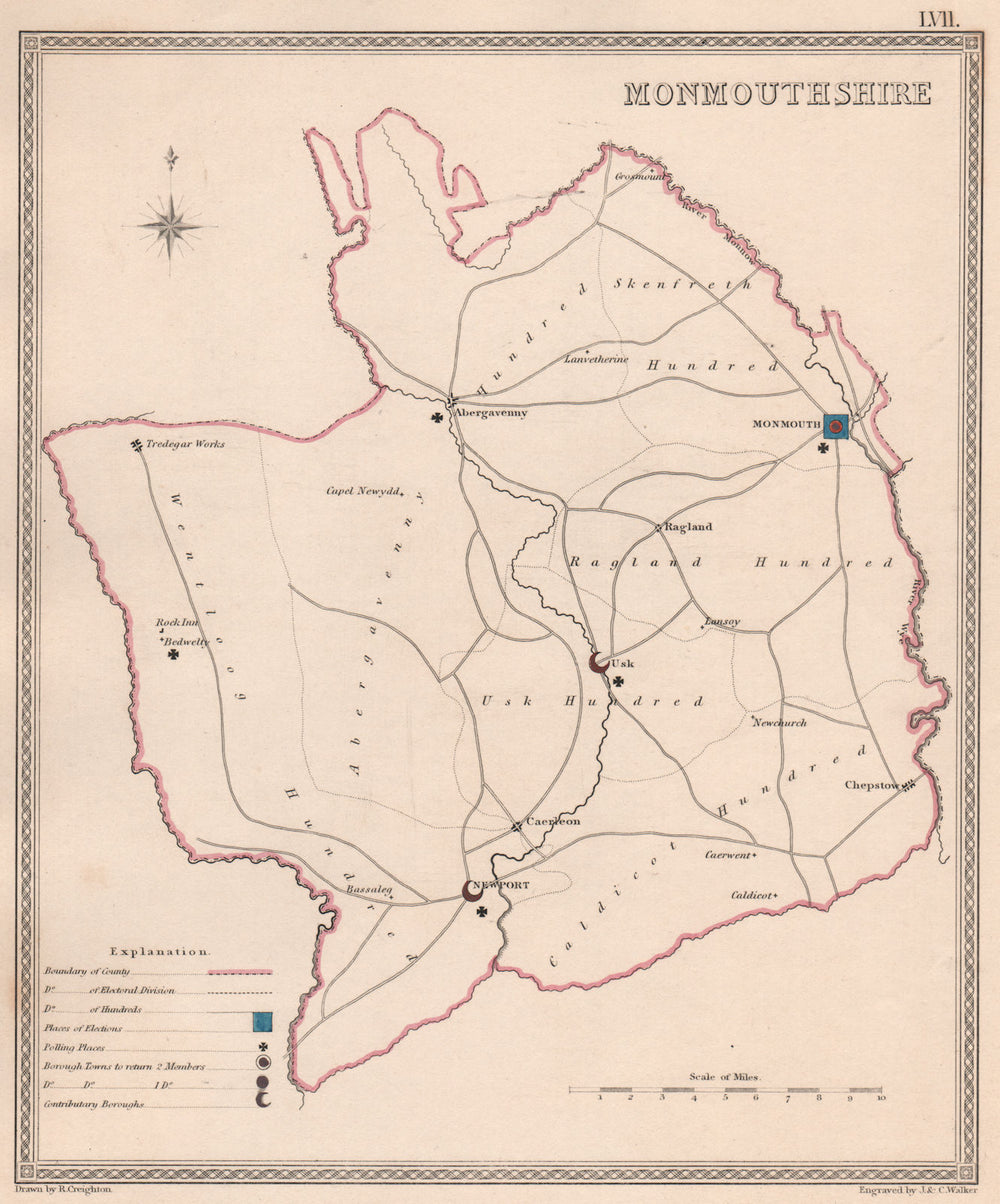 MONMOUTHSHIRE antique county map by CREIGHTON/WALKER. Electoral 1835 old