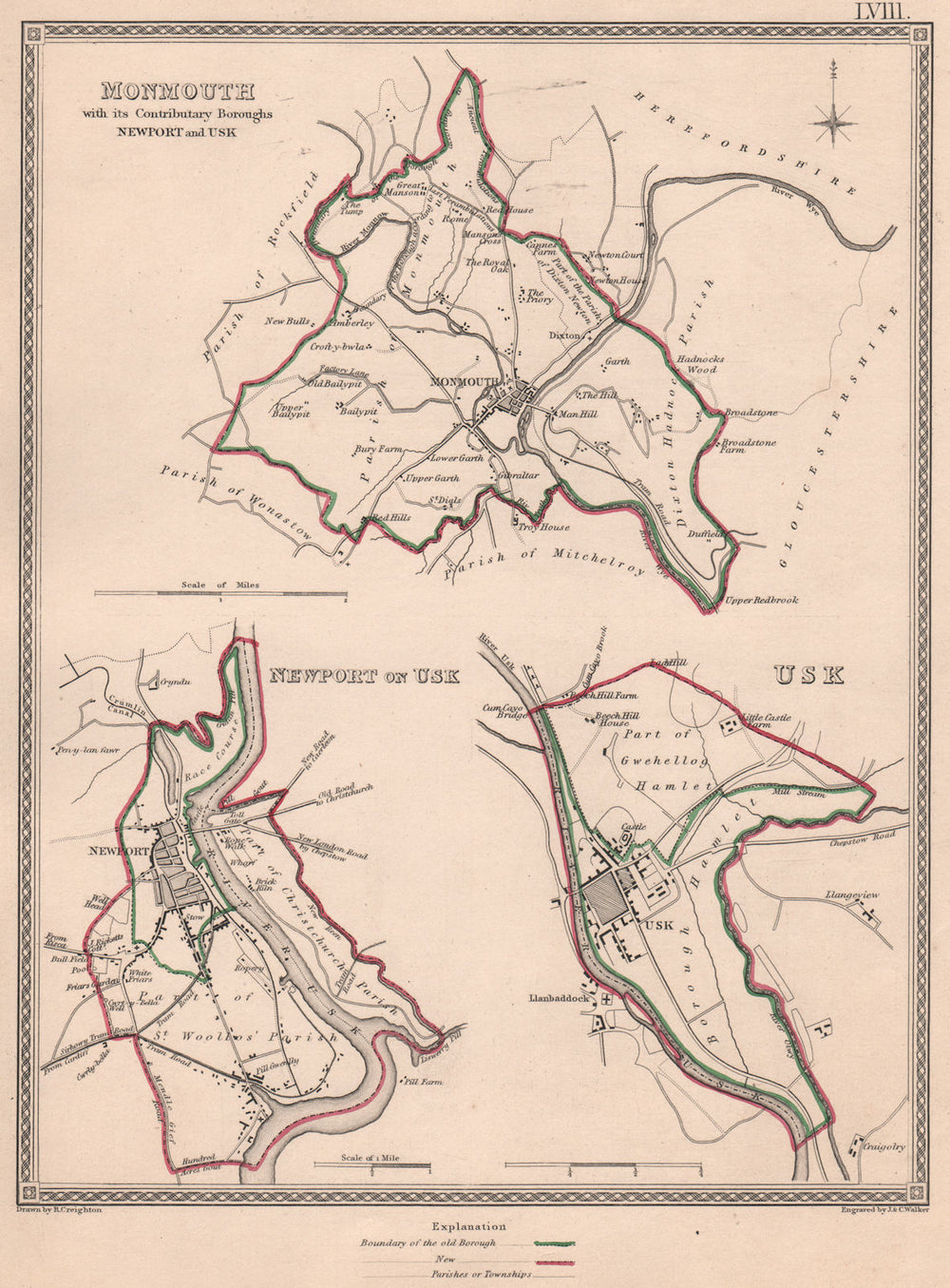 MONMOUTHSHIRE TOWNS. Monmouth Newport Usk plans. CREIGHTON/WALKER 1835 old map