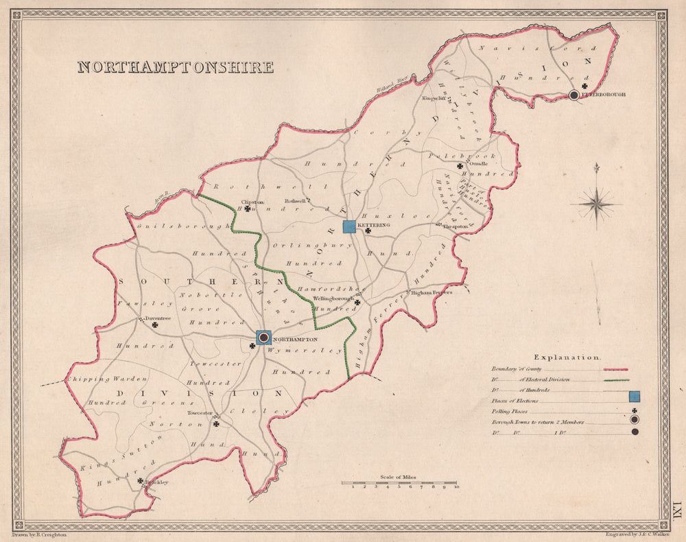 NORTHAMPTONSHIRE antique county map by CREIGHTON/WALKER. Electoral 1835