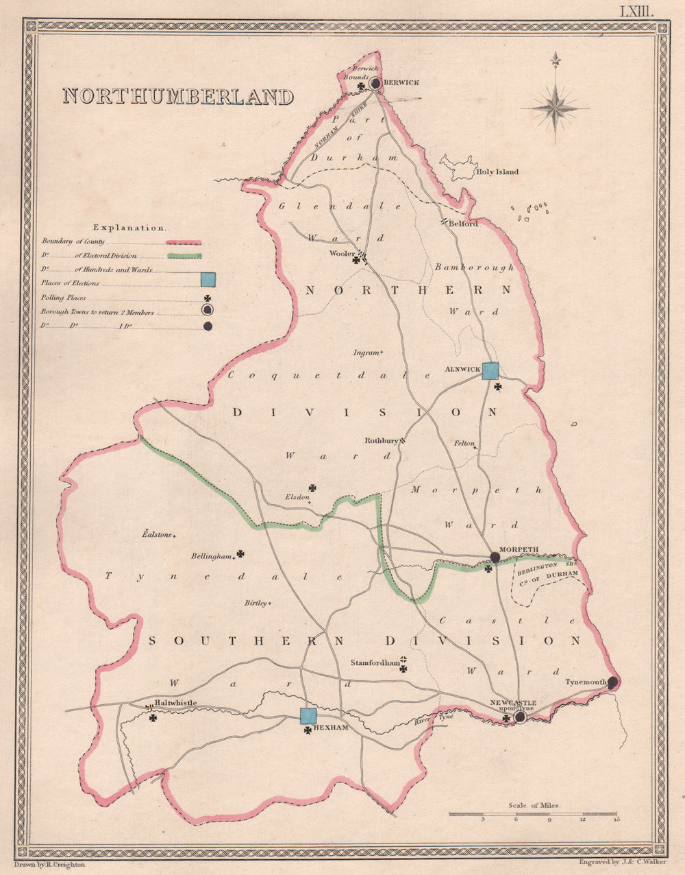 NORTHUMBERLAND antique county map by CREIGHTON/WALKER. Electoral 1835 old