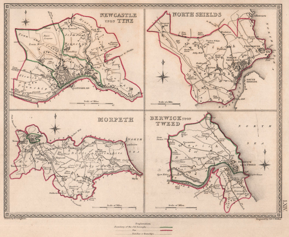 NORTHUMBERLAND TOWNS.Newcastle-upon-Tyne North Shields Morpeth Berwick 1835 map
