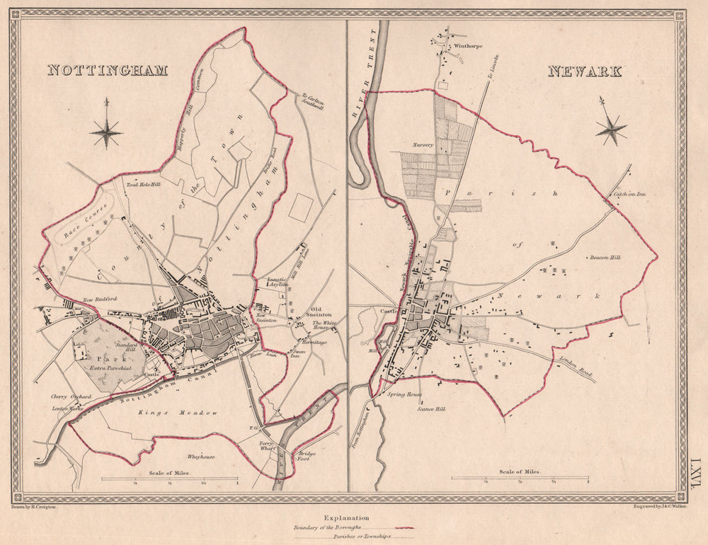 NOTTINGHAMSHIRE TOWNS.Nottingham Newark borough plans.CREIGHTON/WALKER 1835 map