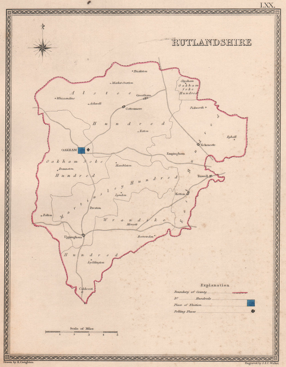 RUTLANDSHIRE antique county map by CREIGHTON/WALKER. Electoral 1835 old