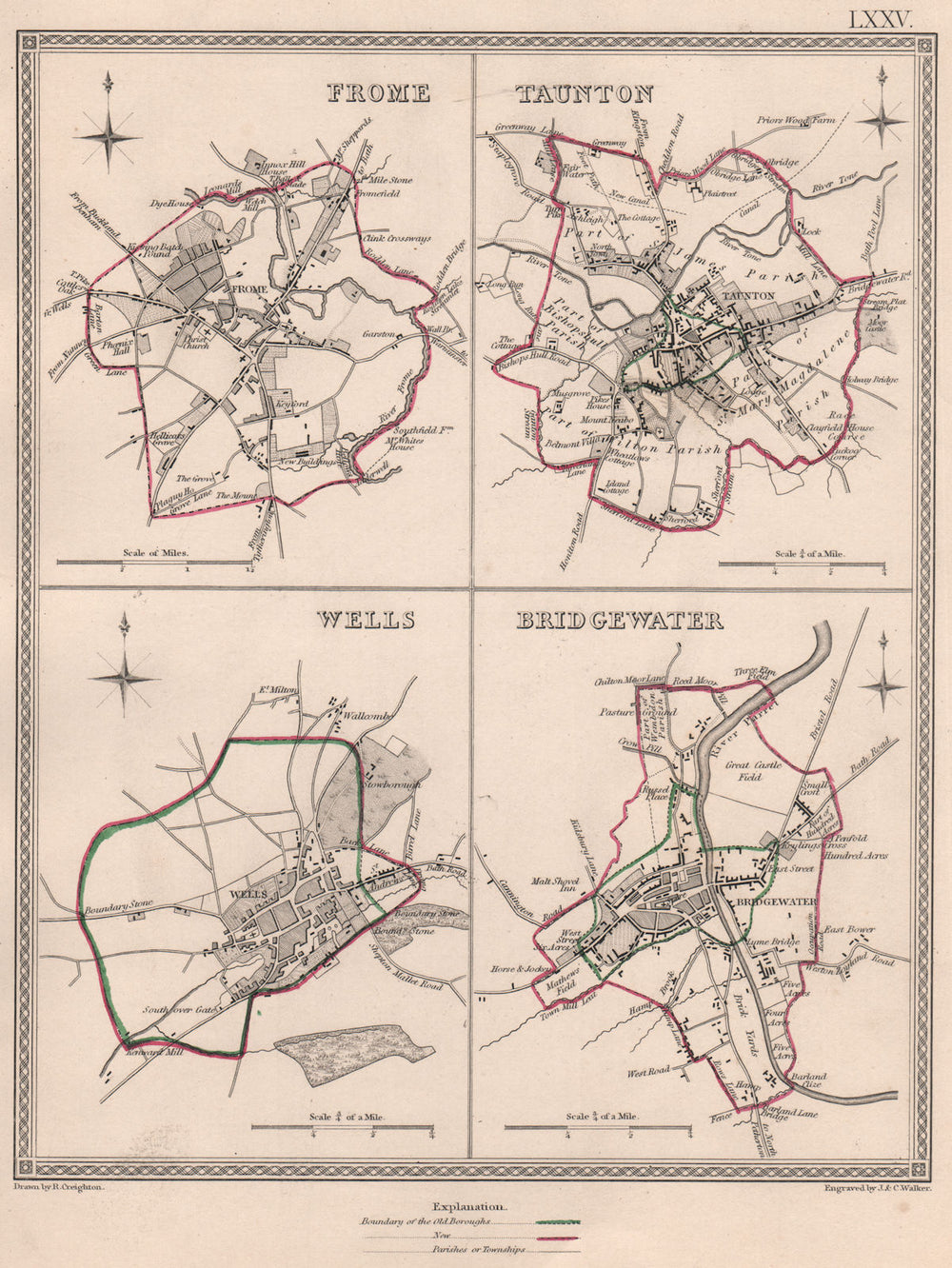 SOMERSET TOWNS. Frome Taunton Wells Bridgewater. CREIGHTON/WALKER 1835 old map