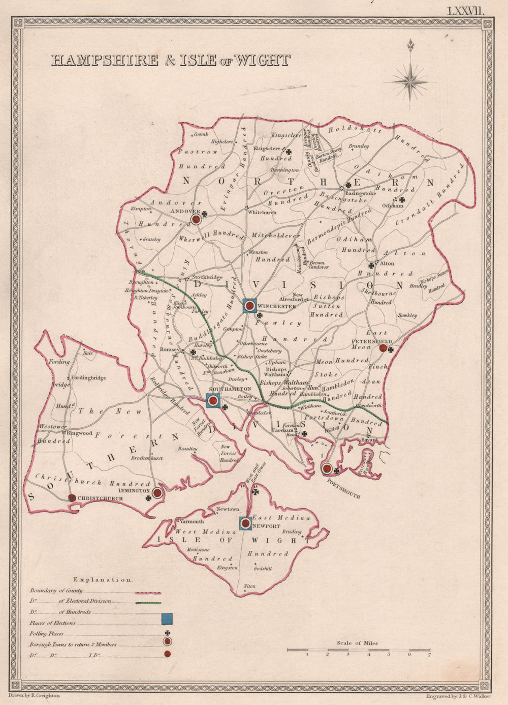 HAMPSHIRE & ISLE OF WIGHT antique county map by CREIGHTON/WALKER. Electoral 1835