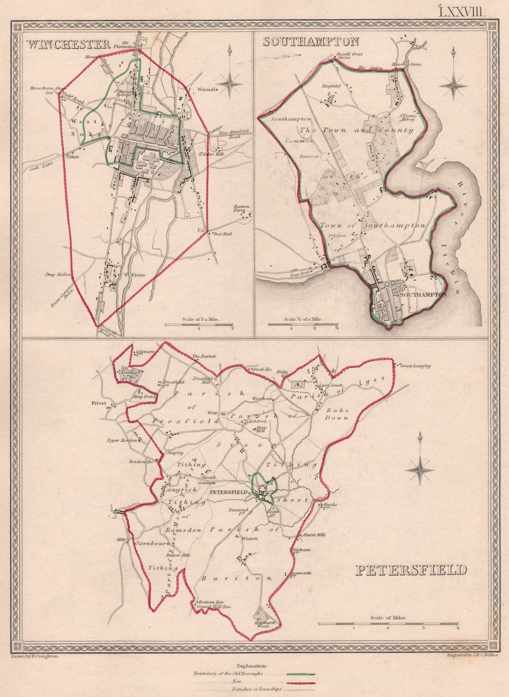 HAMPSHIRE TOWNS. Winchester Southampton Petersfield. CREIGHTON/WALKER 1835 map