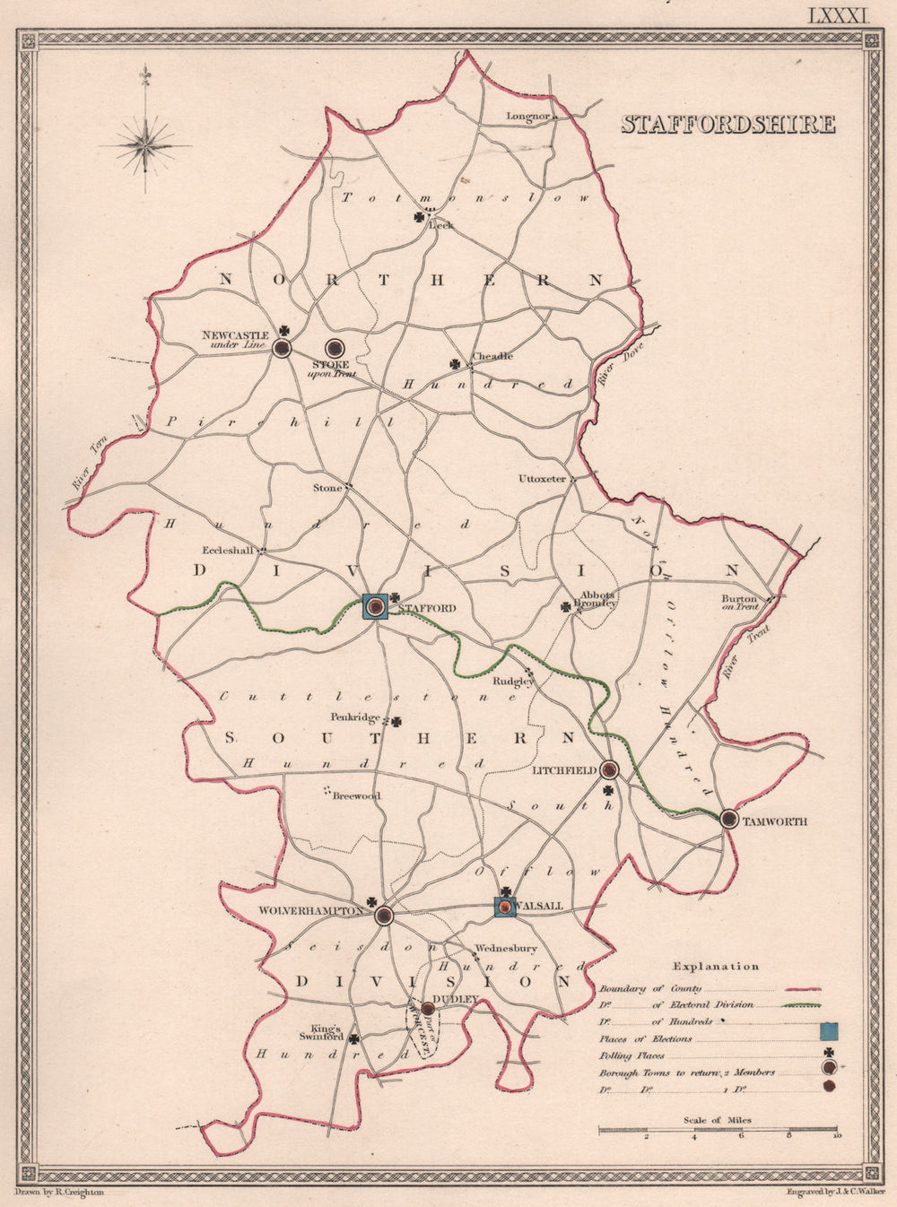 STAFFORDSHIRE antique county map by CREIGHTON/WALKER. Electoral 1835 old