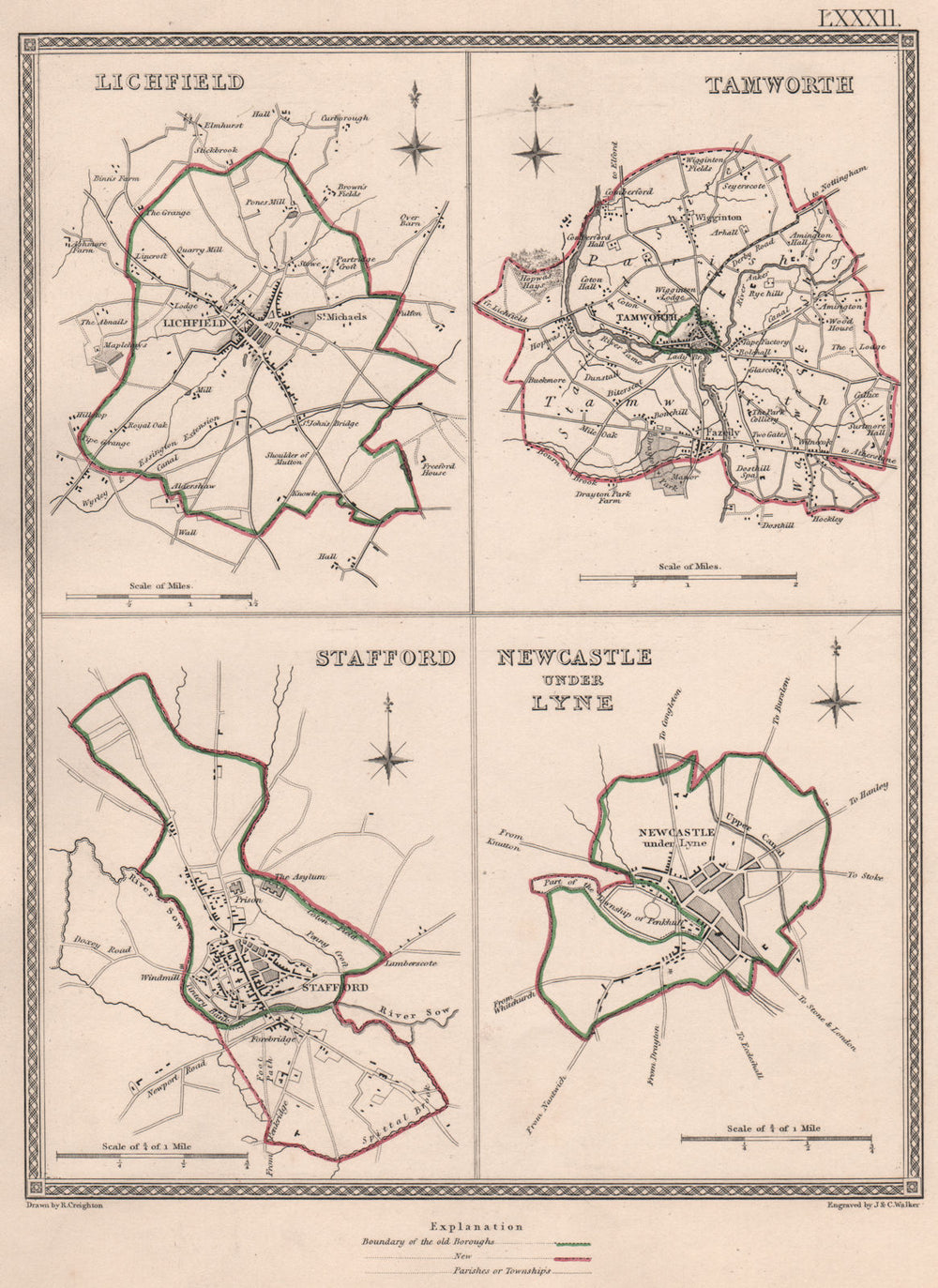 STAFFORDSHIRE TOWNS. Lichfield Tamworth Stafford Newcastle-under-Lyne 1835 map