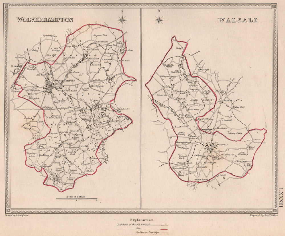 STAFFORDSHIRE TOWNS. Wolverhampton Walsall plans. CREIGHTON/WALKER 1835 map