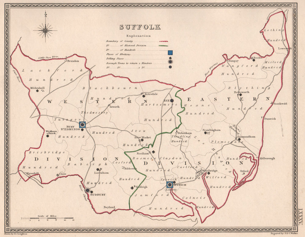 SUFFOLK antique county map by CREIGHTON/WALKER. Electoral 1835 old