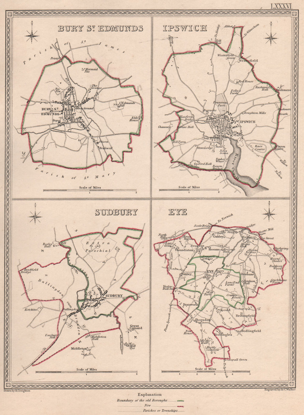 SUFFOLK TOWNS. Bury St Edmunds Ipswich Sudbury Eye. CREIGHTON/WALKER 1835 map