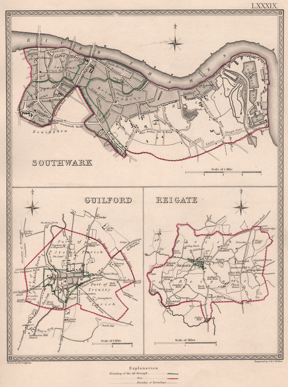 SURREY TOWNS. Southwark Guildford Reigate plans. CREIGHTON/WALKER 1835 old map