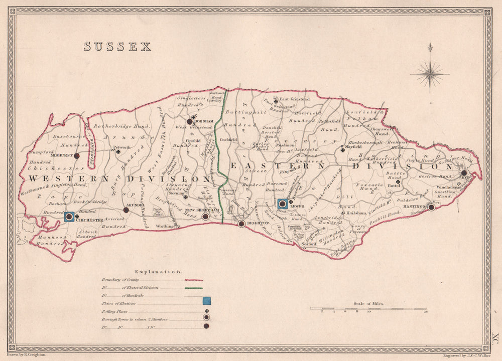 SUSSEX antique county map by CREIGHTON/WALKER. Electoral 1835 old