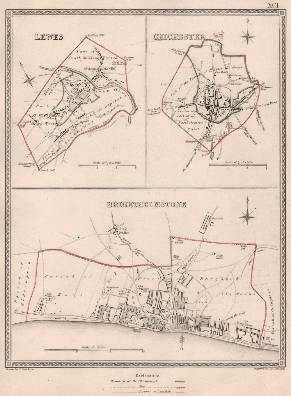 SUSSEX TOWNS. Lewes Chichester Brighton borough plans.CREIGHTON/WALKER 1835 map