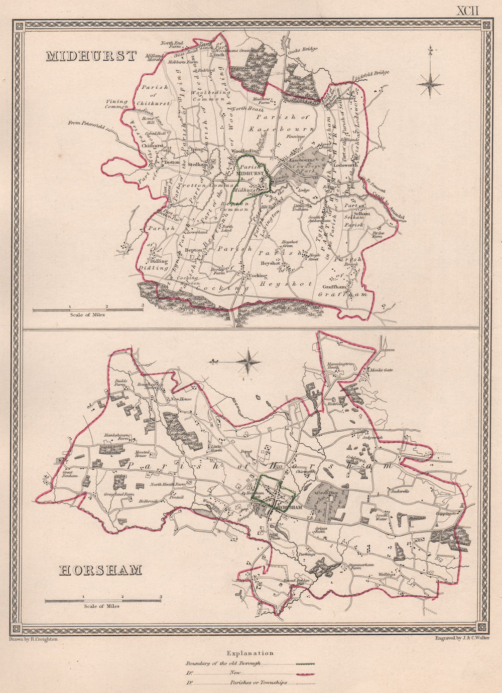SUSSEX TOWNS. Midhurst Horsham borough plans. CREIGHTON/WALKER 1835 old map