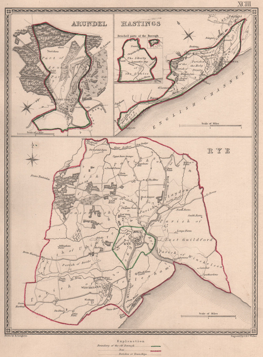 SUSSEX TOWNS. Arundel Hastings Rye borough plans. CREIGHTON/WALKER 1835 map