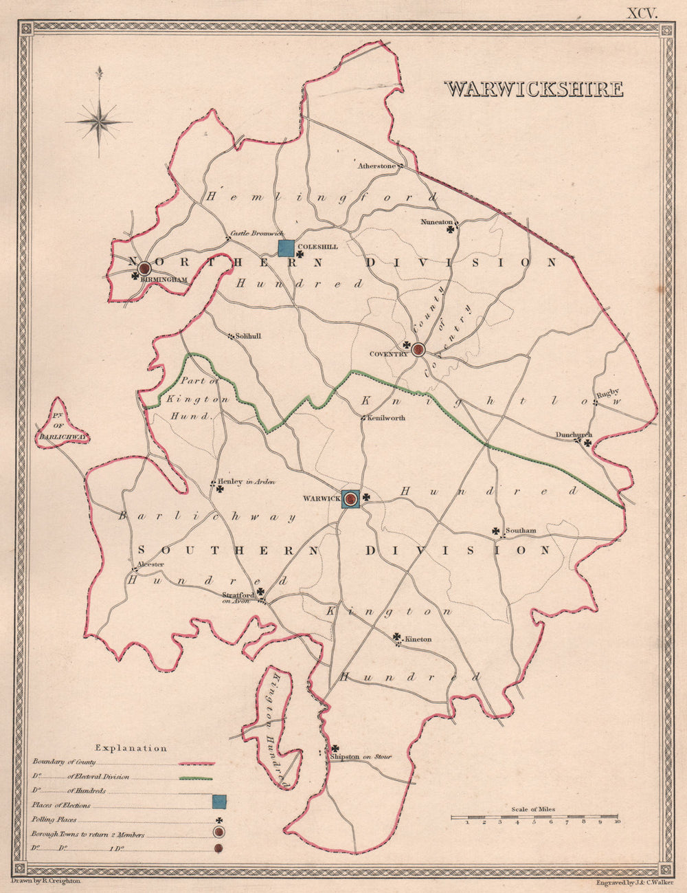 WARWICKSHIRE antique county map by CREIGHTON/WALKER. Electoral 1835 old