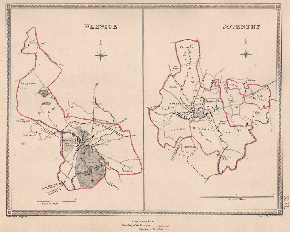WARWICKSHIRE TOWNS. Warwick Coventry borough plans. CREIGHTON/WALKER 1835 map