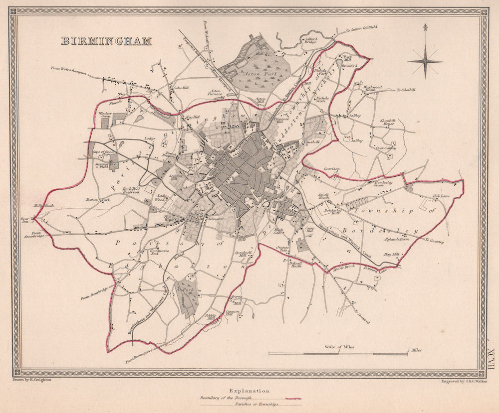 BIRMINGHAM city town borough plan. Warwickshire. CREIGHTON/WALKER 1835 old map
