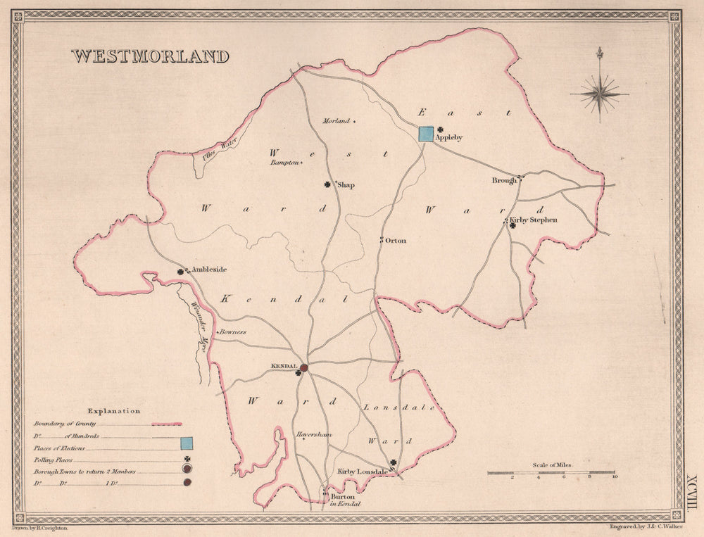 WESTMORLAND antique county map by CREIGHTON/WALKER. Cumbria. Electoral 1835