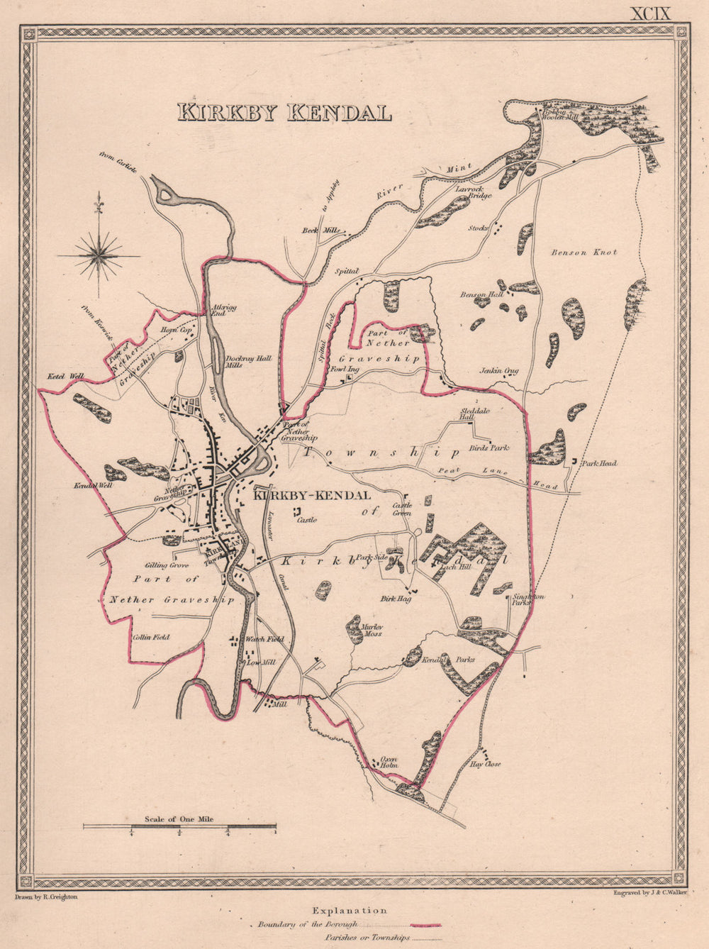 KIRKBY KENDAL town & borough plan. Cumbria. CREIGHTON/WALKER 1835 old map