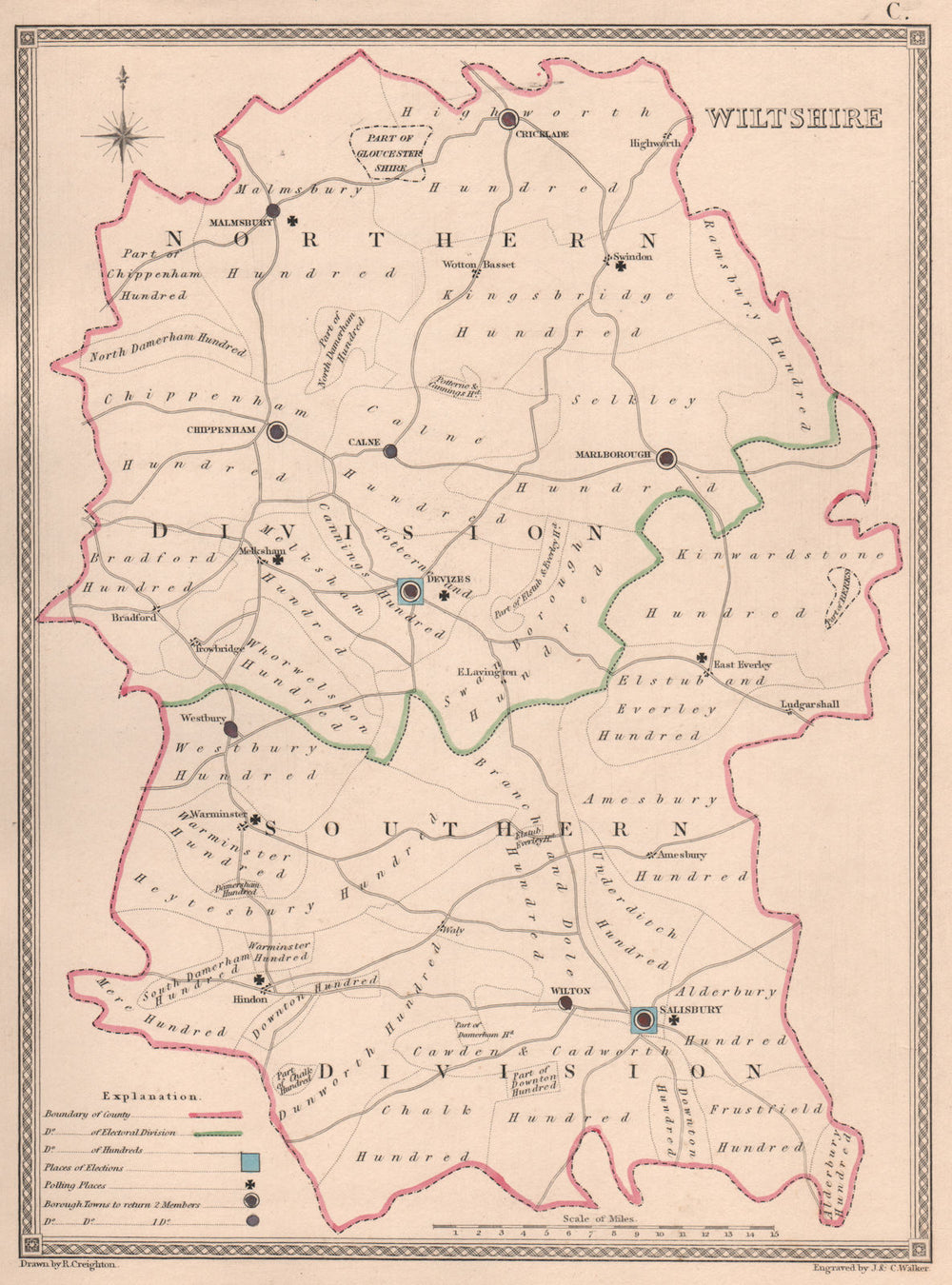 WILTSHIRE antique county map by CREIGHTON/WALKER. Electoral 1835 old