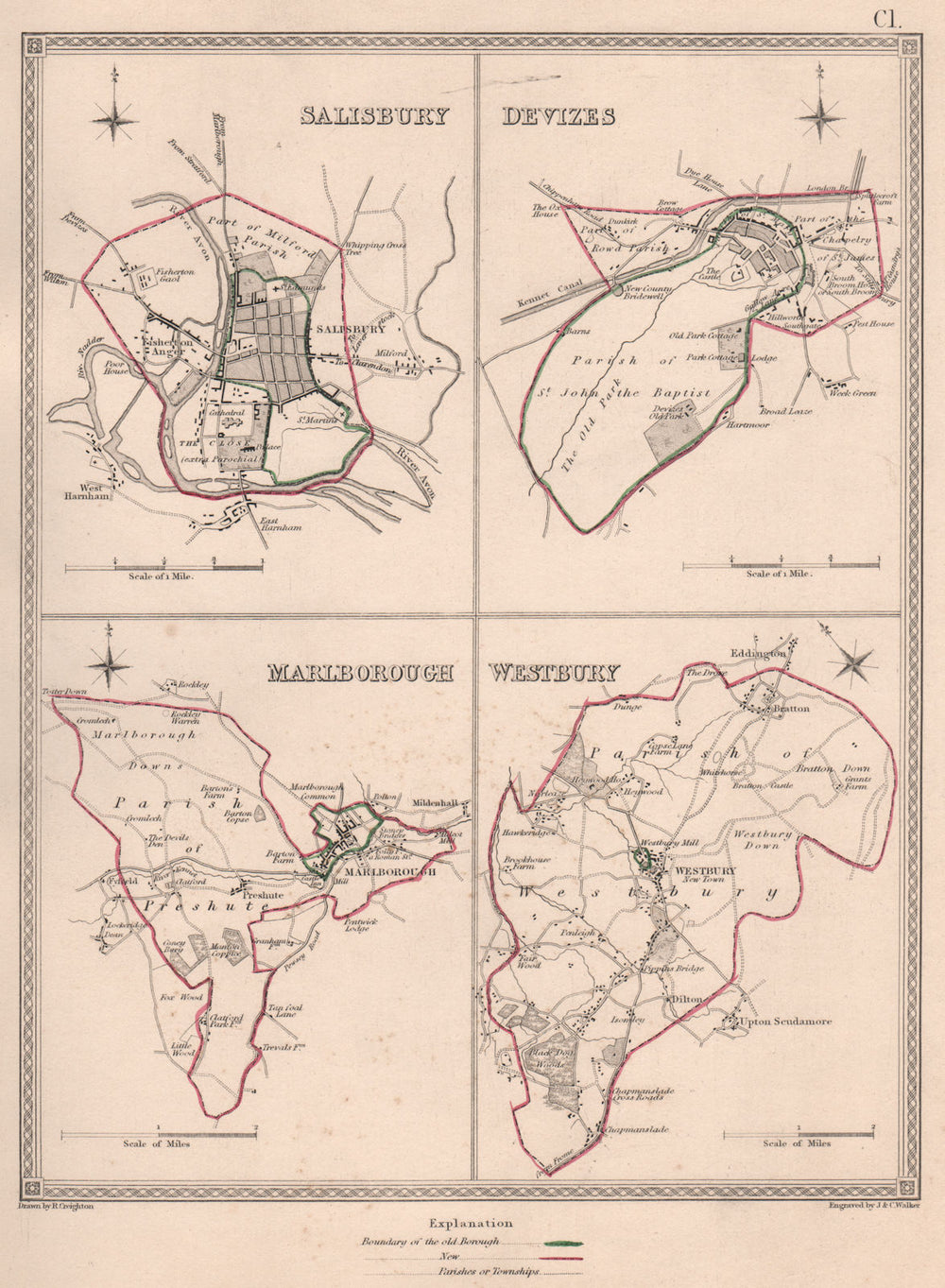 WILTSHIRE TOWNS. Salisbury Devizes MarlWestbury plans.CREIGHTON/WALKER 1835 map