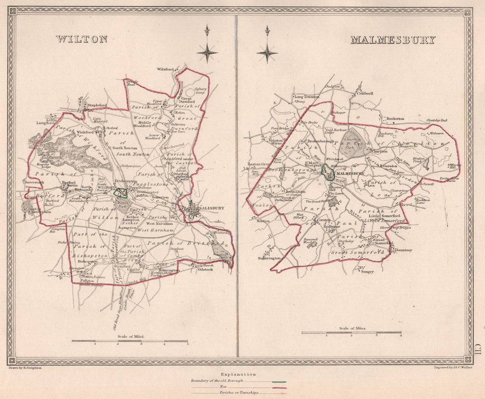 WILTSHIRE TOWNS. Wilton Malmesbury borough plans. CREIGHTON/WALKER 1835 map