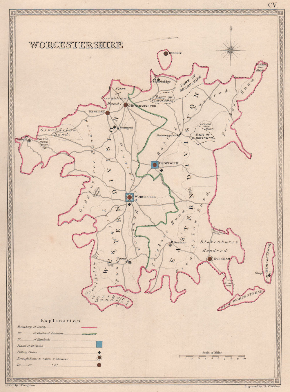 WORCESTERSHIRE antique county map by CREIGHTON/WALKER. Electoral 1835 old