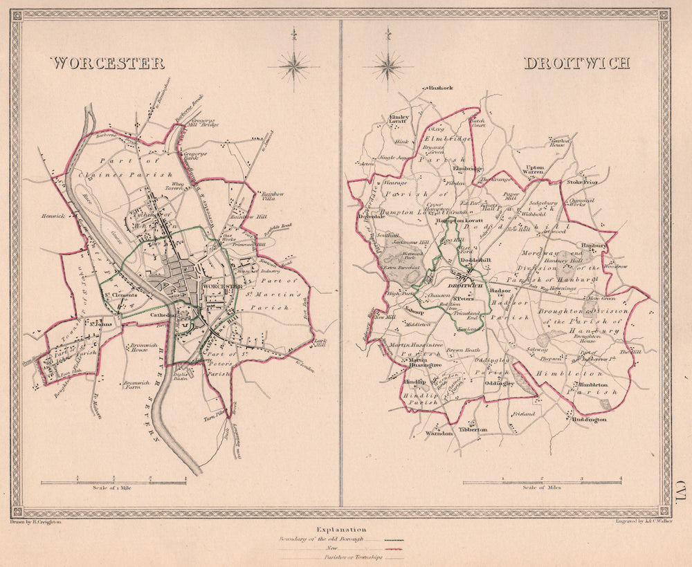 WORCESTERSHIRE TOWNS. Worcester Droitwich plans. CREIGHTON/WALKER 1835 old map