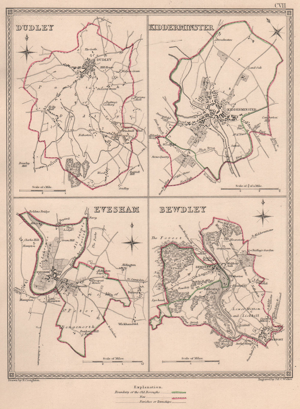 WORCESTERSHIRE TOWNS. Dudley Kidderminster Evesham Bewdley. CREIGHTON 1835 map
