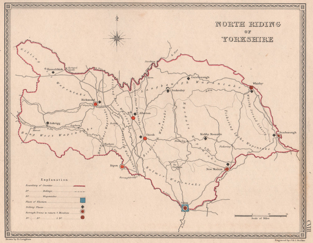 NORTH RIDING OF YORKSHIRE antique county map by CREIGHTON/WALKER. Electoral 1835