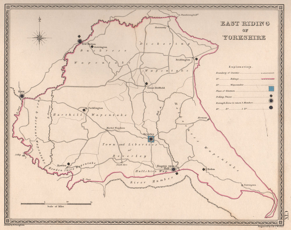 EAST RIDING OF YORKSHIRE antique county map by CREIGHTON/WALKER. Electoral 1835