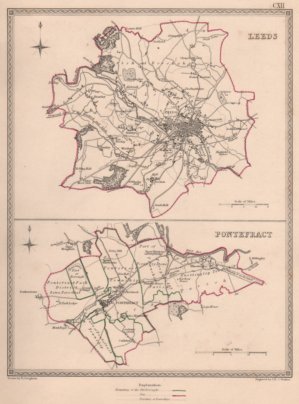 WEST YORKSHIRE TOWNS. Leeds Pontefract borough plans. CREIGHTON/WALKER 1835 map