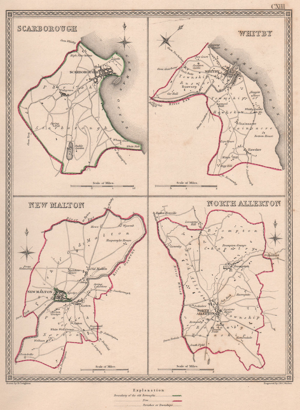 N YORKSHIRE TOWNS. ScarWhitby New Malton Northallerton. CREIGHTON 1835 old map