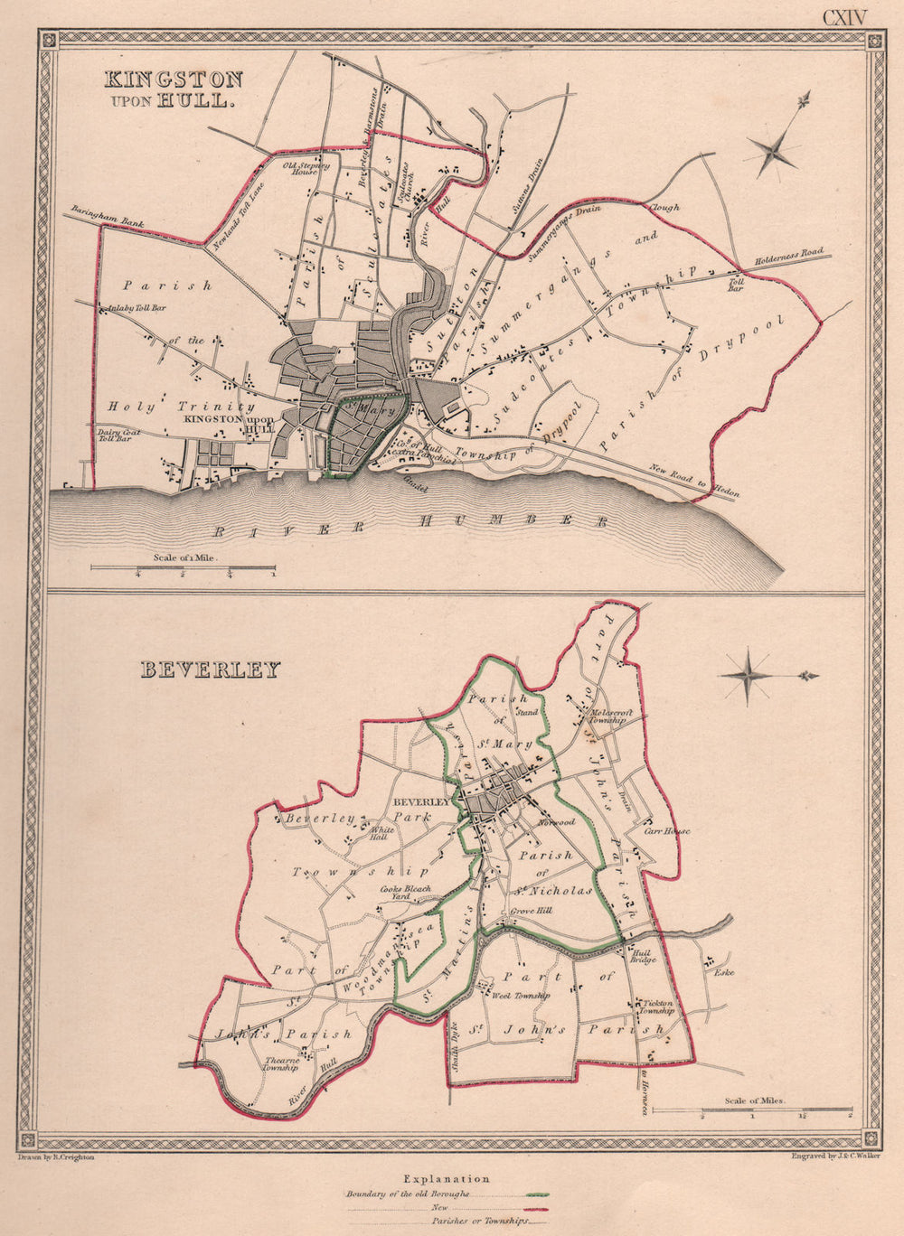 E YORKSHIRE TOWNS. Kingston-upon-Hull Beverley plans. CREIGHTON/WALKER 1835 map