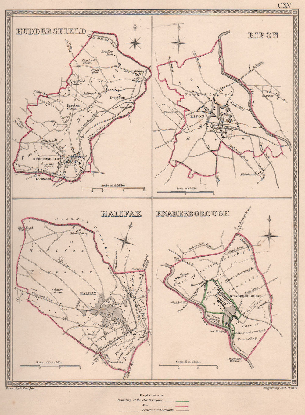 W YORKSHIRE TOWNS. Huddersfield Ripon Halifax Knaresborough. CREIGHTON 1835 map
