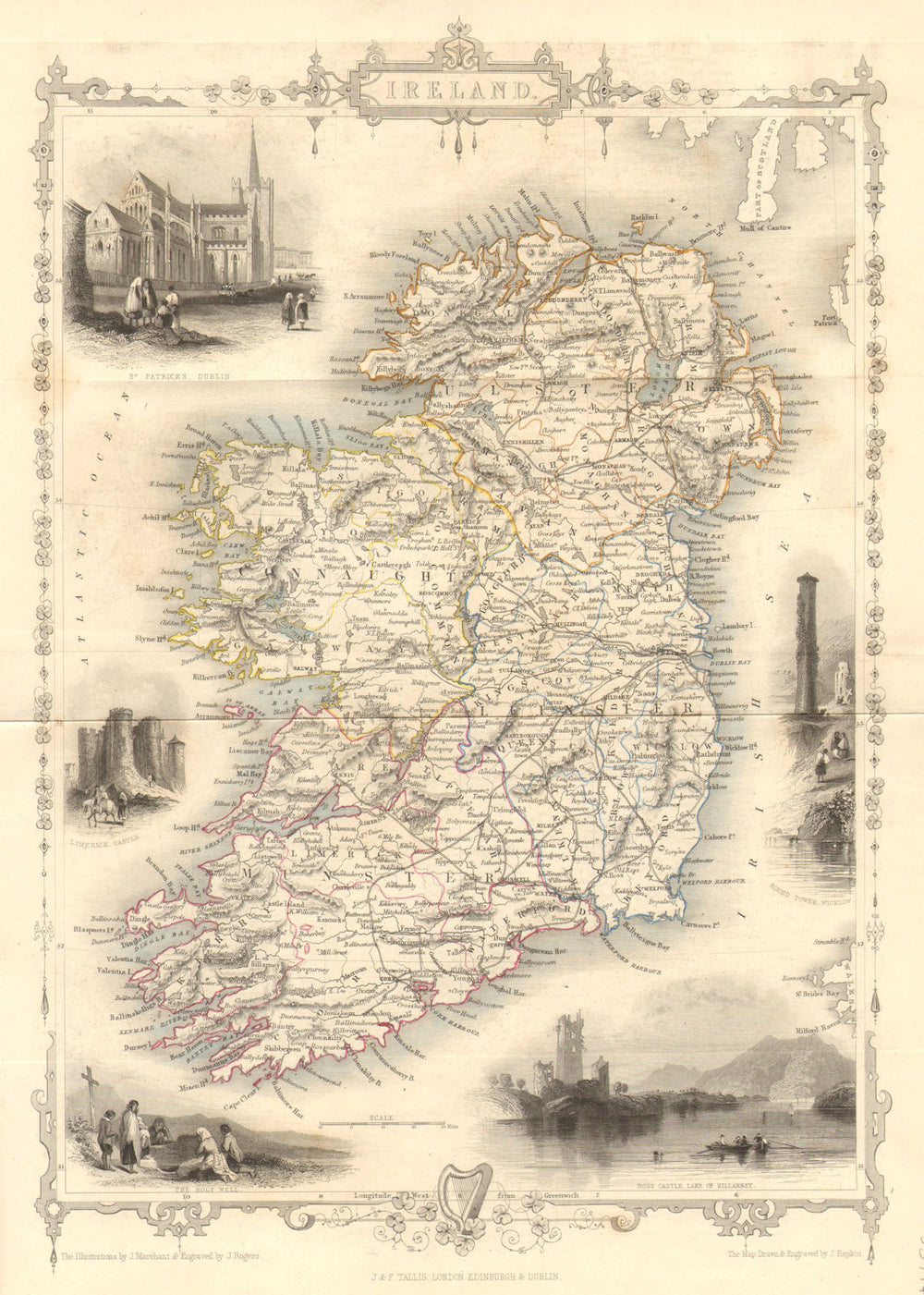 IRELAND. St Patrick's Dublin Killarney round tower views.TALLIS/RAPKIN 1853 map